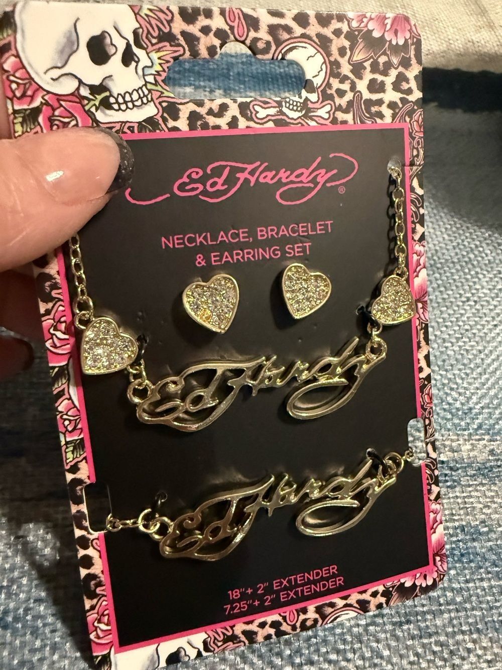 Ed Hardy Gold-Tone Script Necklace, Bracelet & Glitter Heart Studs Set